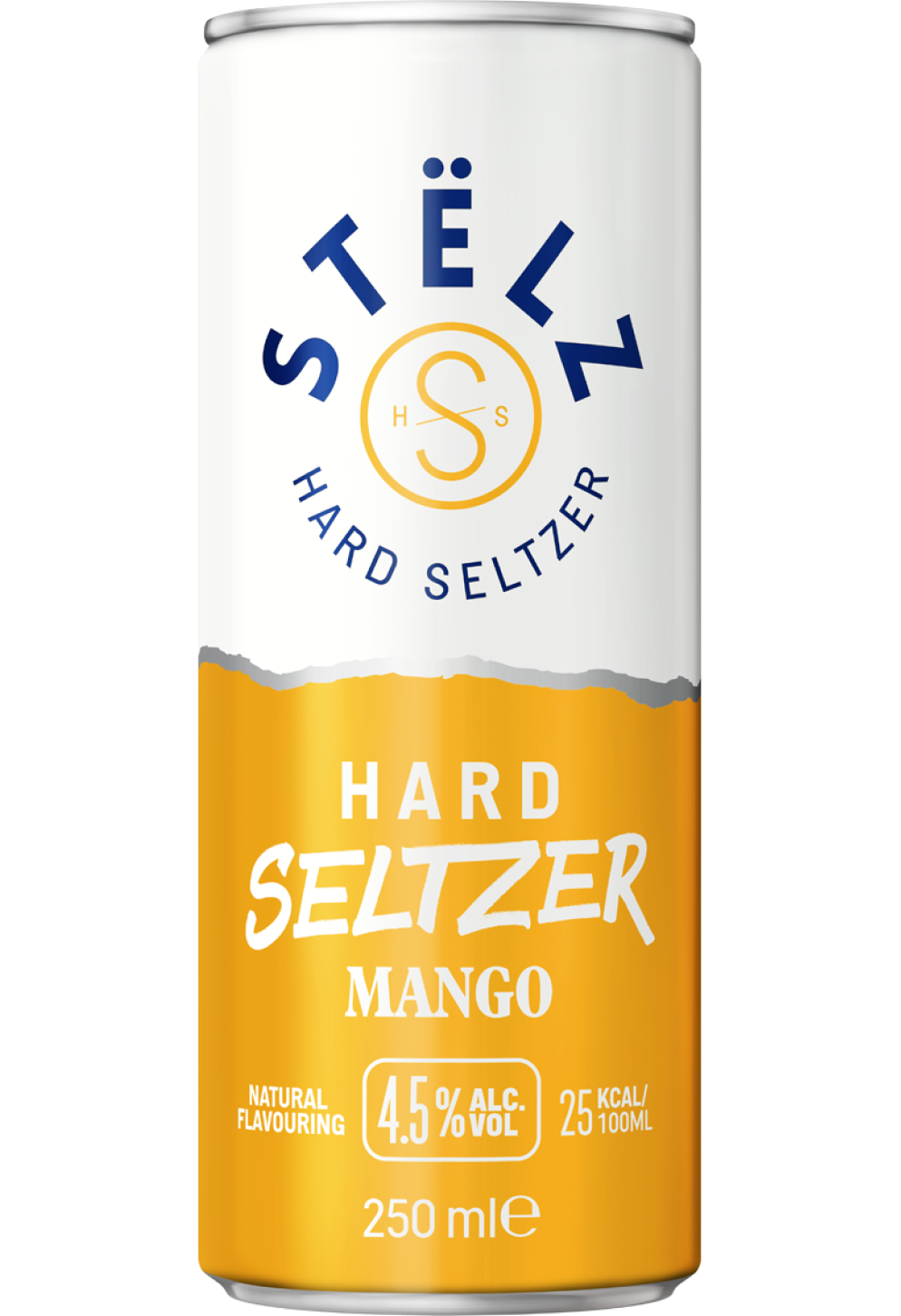 STËLZ Hard Seltzer Mango blikje 250ml, 4,5% alcohol, 25 kcal per 100ml, natuurlijke aroma's