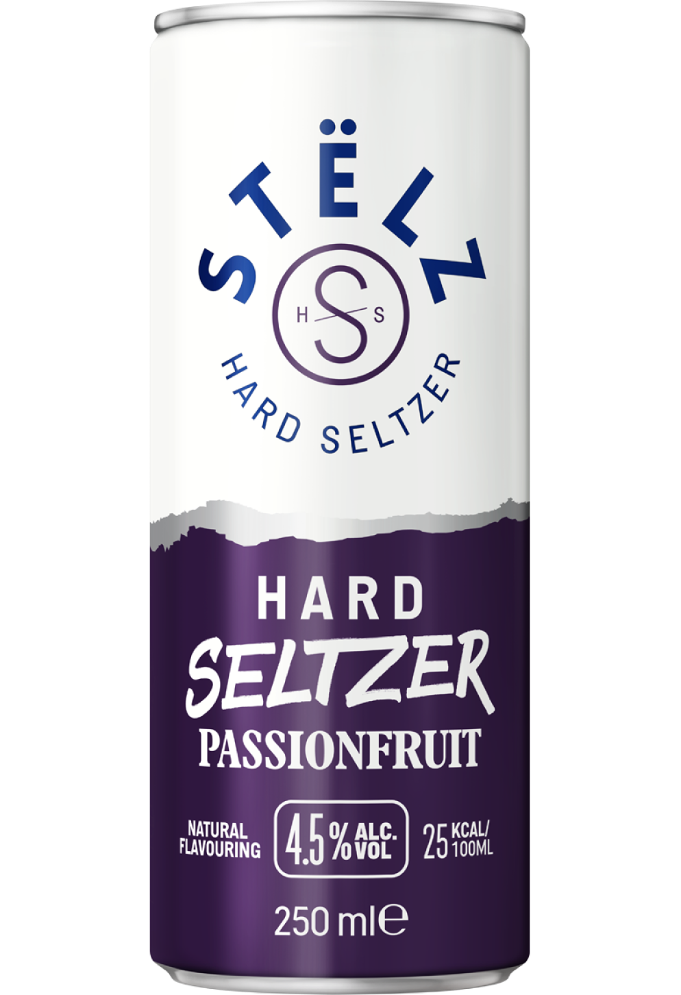 STËLZ Hard Seltzer Passievrucht blikje 250ml, 4,5% alcohol, 25 kcal per 100ml, natuurlijke aroma's