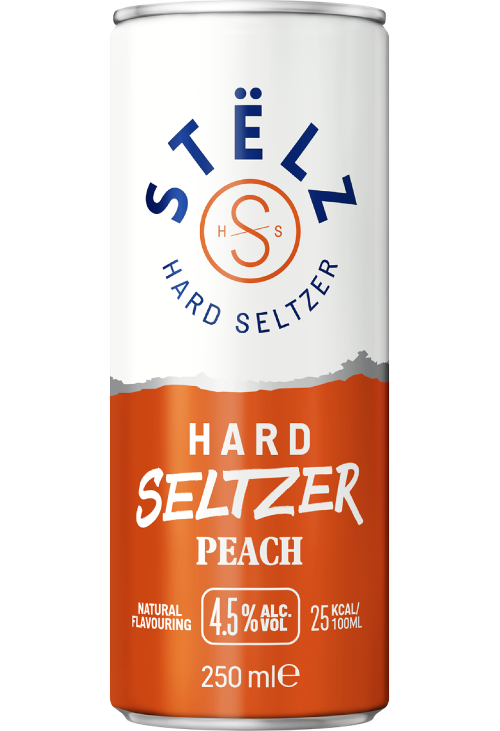 STËLZ Hard Seltzer Peach blikje 250ml, 4,5% alcohol, 25 kcal per 100ml, natuurlijke aroma's