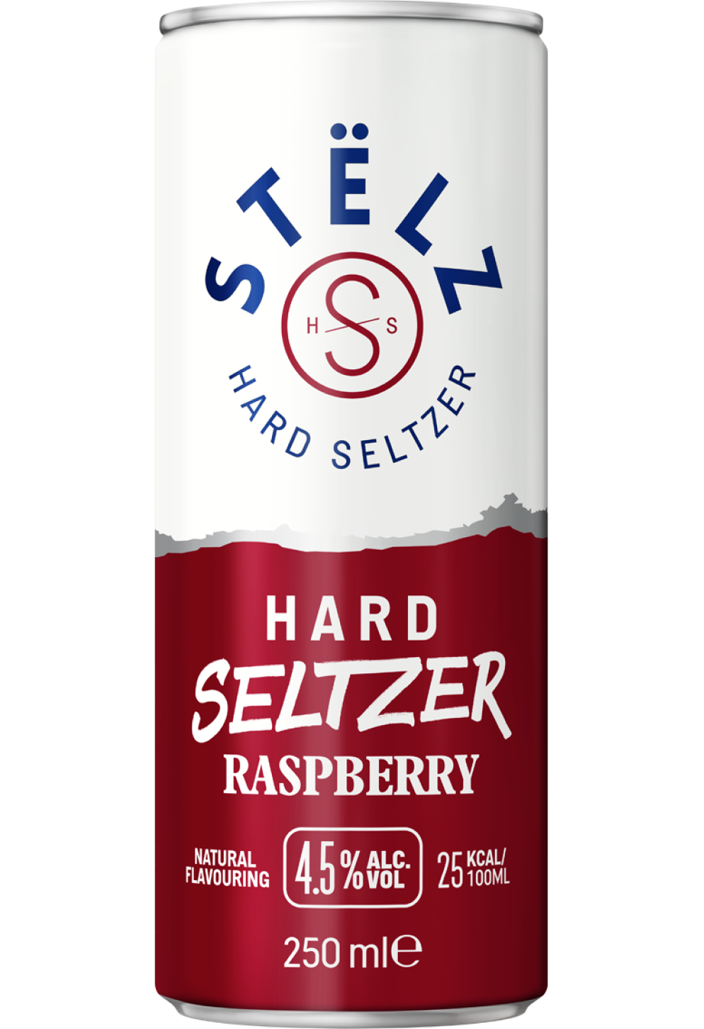 STËLZ Hard Seltzer Raspberry blikje 250ml, 4,5% alcohol, 25 kcal per 100ml, natuurlijke aroma's