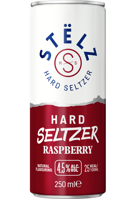 STËLZ Hard Seltzer Raspberry blikje 250ml, 4,5% alcohol, 25 kcal per 100ml, natuurlijke aroma's